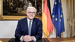 German President Frank-Walter Steinmeier poses at his desk prior the recording of his Easter speech in Berlin.