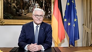 German President Frank-Walter Steinmeier poses at his desk prior the recording of his Easter speech in Berlin.