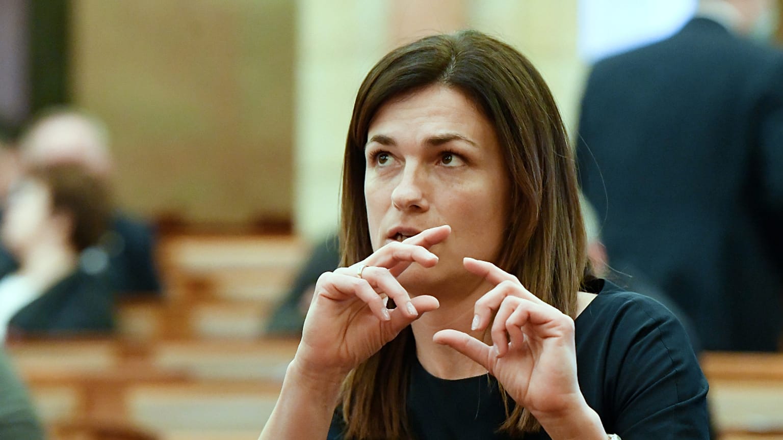 Varga Judit igazságügyi miniszter az Országgyűlés plenáris ülésén 2020. március 24-én.