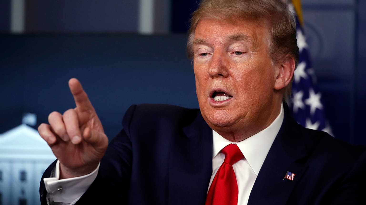 President Donald Trump speaks about the coronavirus in the James Brady Press Briefing Room at the White House, Monday, April 13, 2020, in Washington.