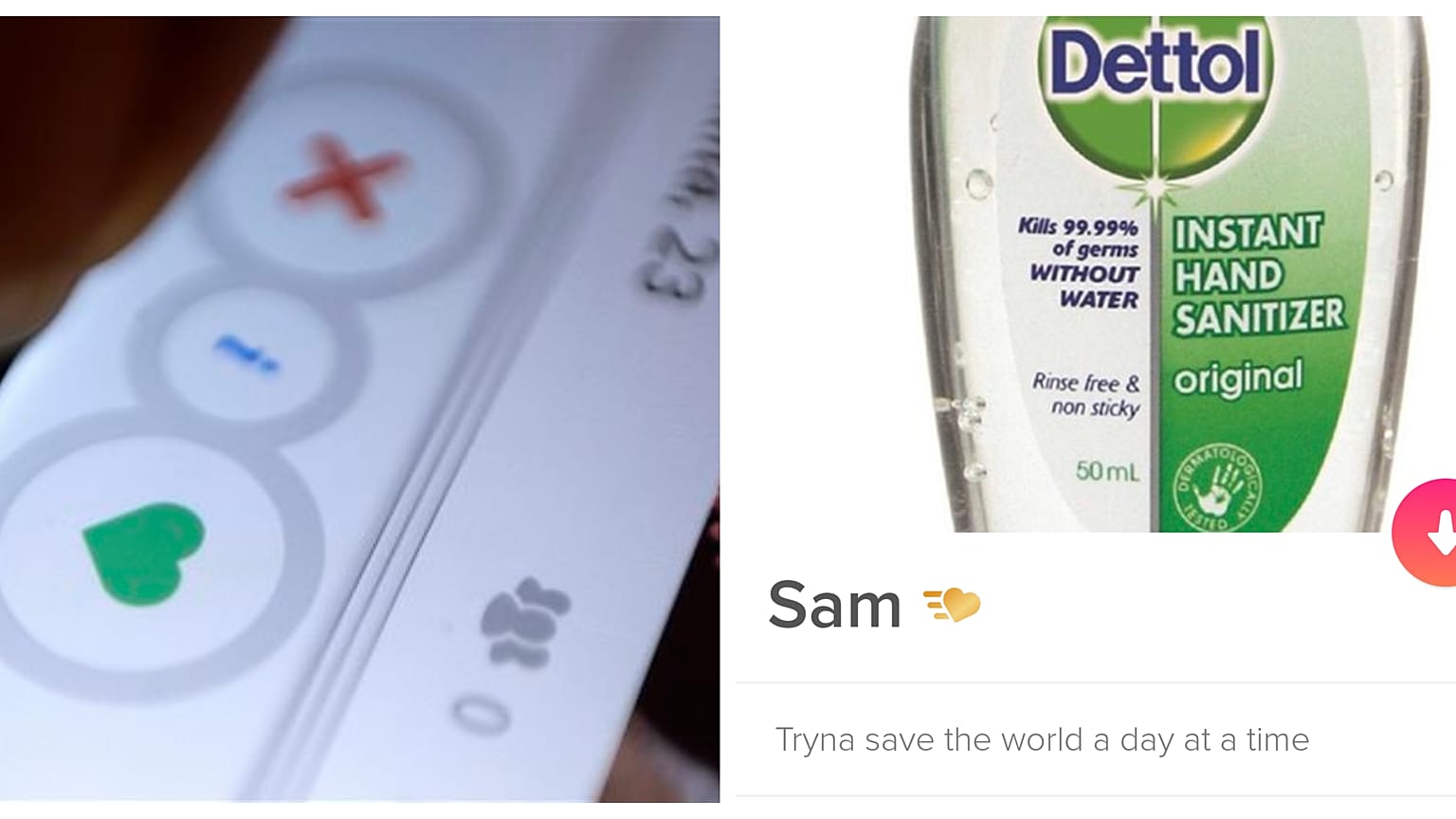 Kreative Profilbilder bei Tinder: Handdesinfektionsmittel.