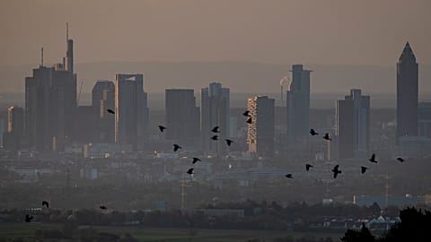 Birds fly by the buildings of the banking district in Frankfurt, Germany, early Tuesday, April 14, 2020. Due to the coronavirus the economy expects worldwide heavy losses.