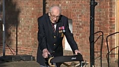 Captain Thomas Moore walking his laps in his garden in Bedfordshire, UK, Tuesday 15th of April, 2020 