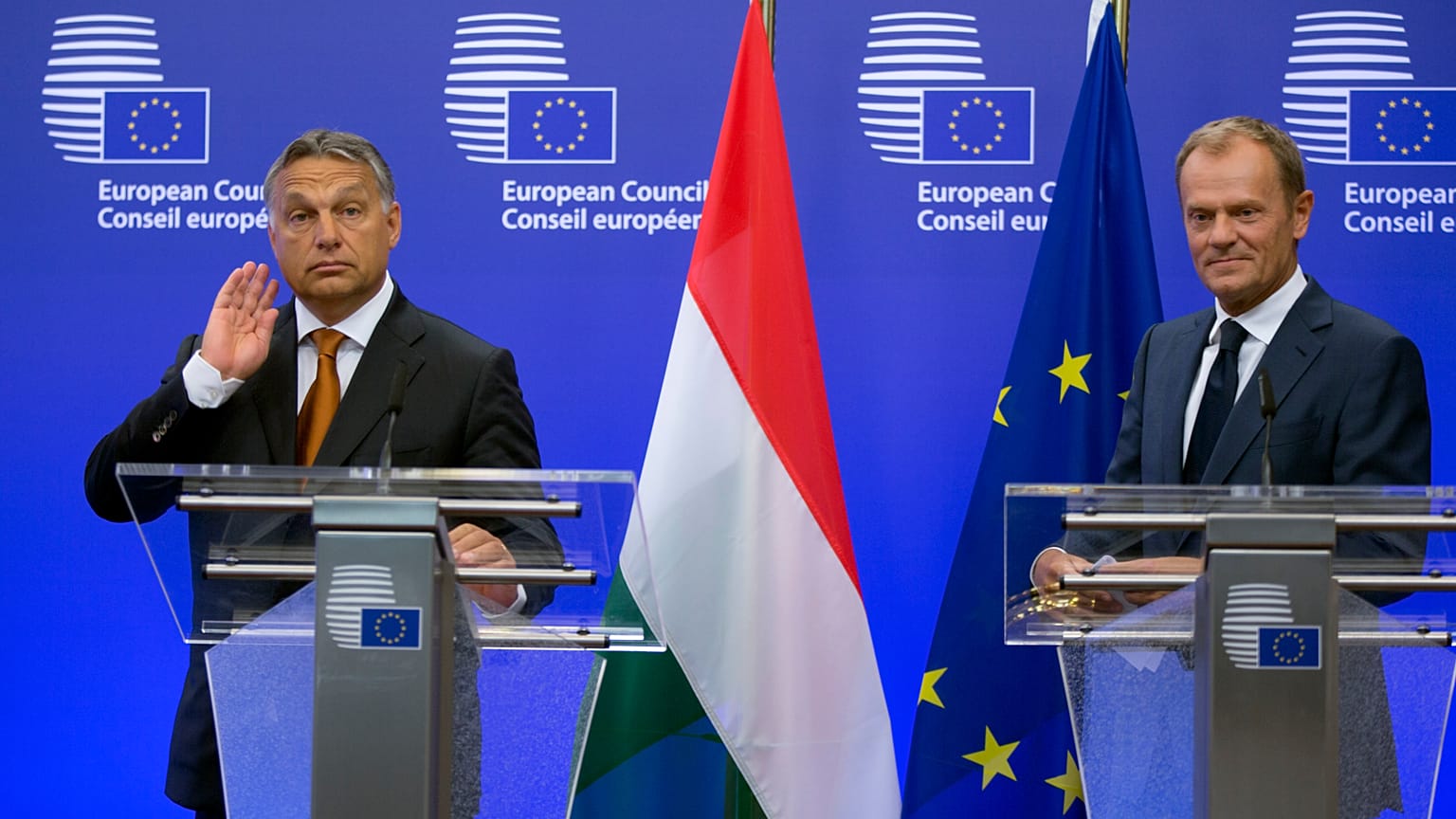 European Council President Donald Tusk, right, and Hungarian Prime Minister Viktor Orban 