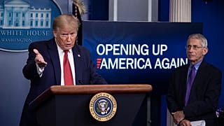 President Donald Trump with Dr Anthony Fauci, director of the National Institute of Allergy and Infectious Diseases, at the White House, Washington DC, April 16, 2020.