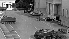 Tanks and troops stand guard outside the Parliament building in Athens, Greece, April 22, 1967,