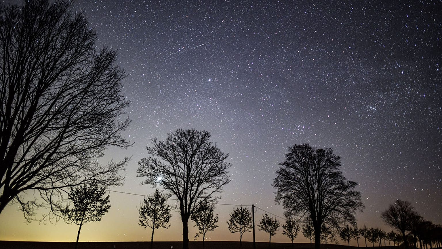 The starry sky shines in the night over an avenue in Petersdorf, eastern Germany, Monday, April 20, 2020.