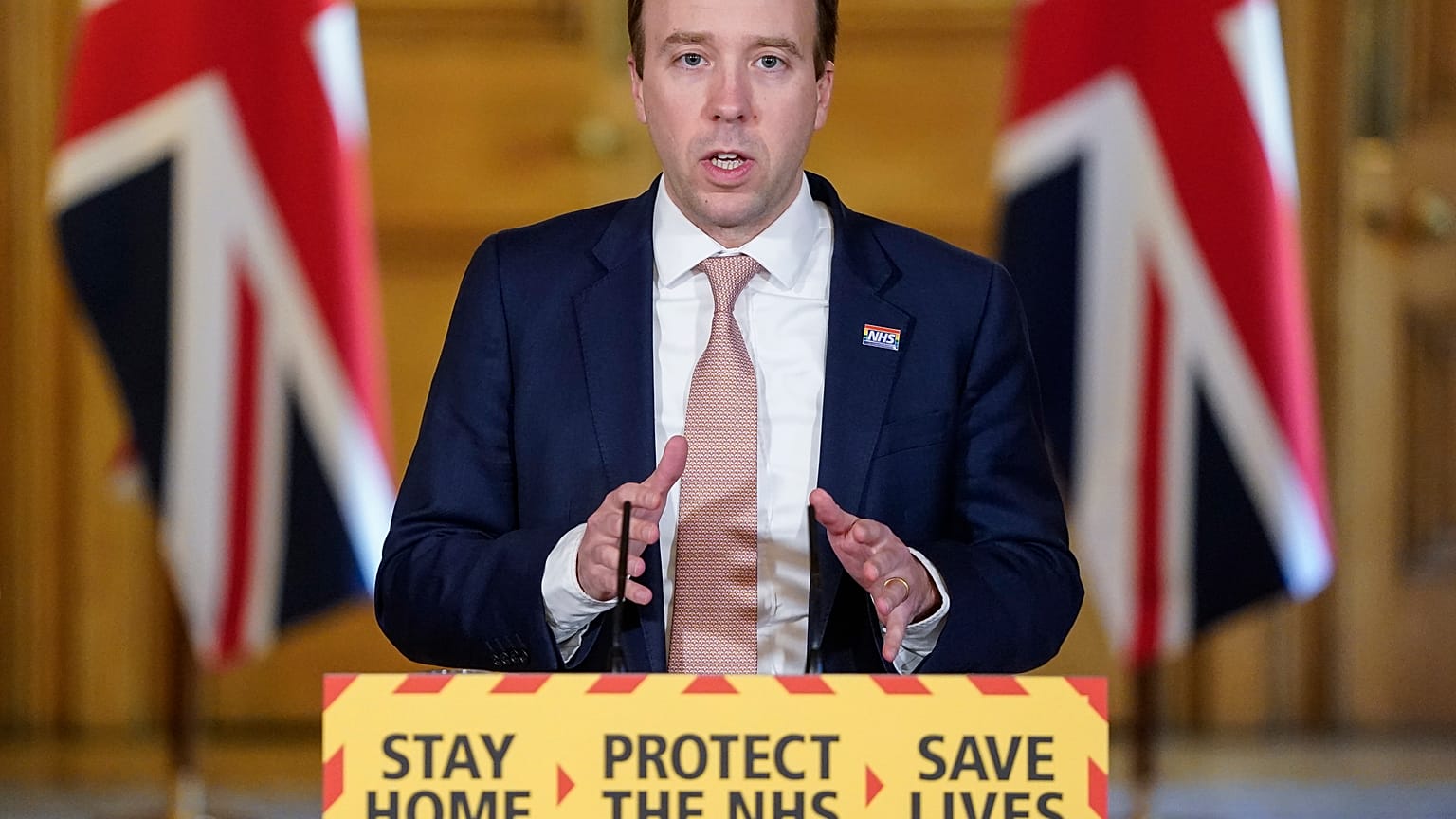 Britain's Health Secretary Matt Hancock attending a remote press conference on April 21, 2020.