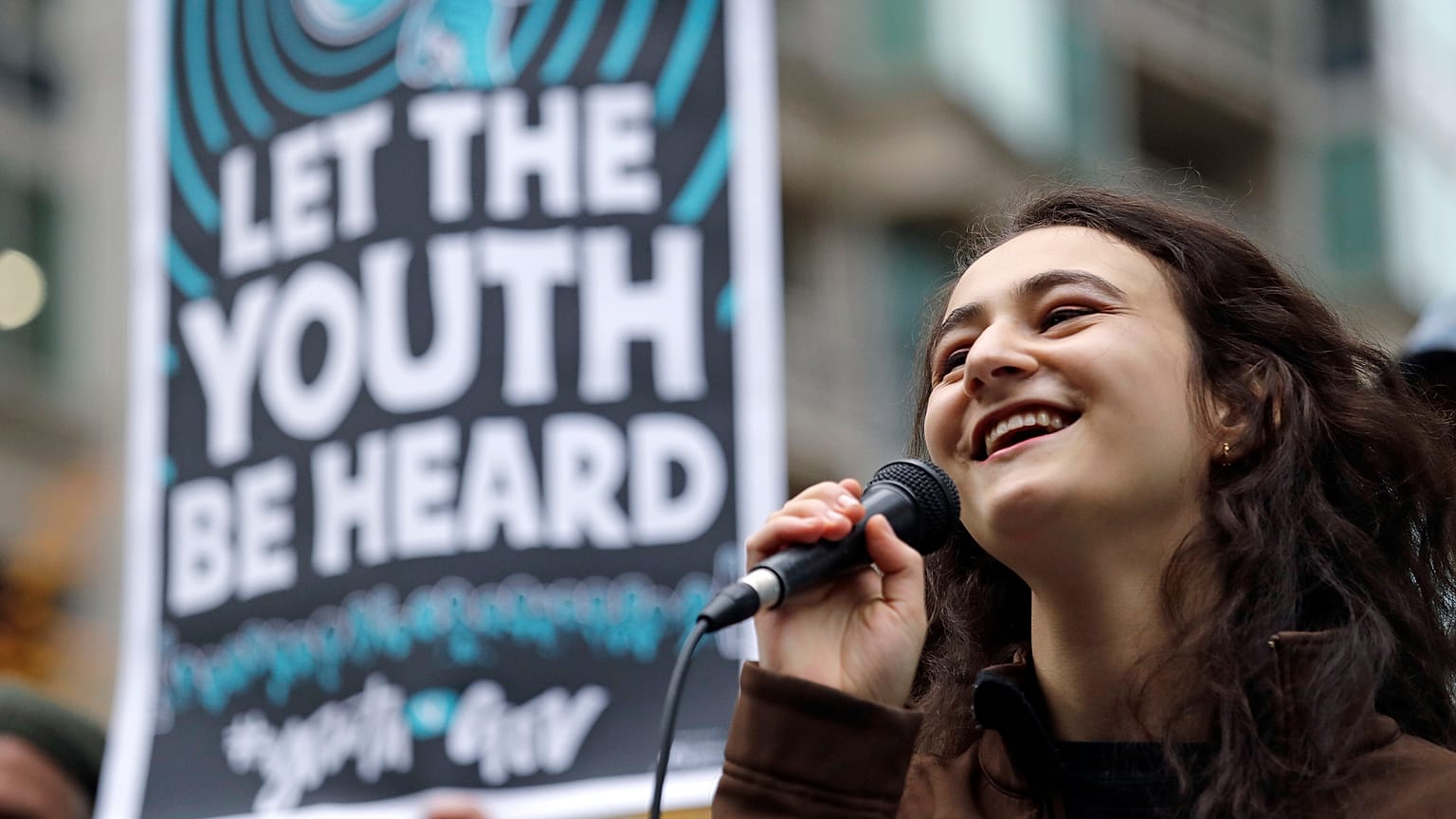 In this Monday, Oct. 29, 2018 file photo, Jamie Margolin, a high school student, speaks during a rally by youth activists and others in Seattle on Earth Day. 