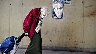 An elderly woman drags a shopping trolley, backdropped by an Elvis Presley poster, at a market place in Bucharest, Romania