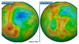 مقارنة بين ثقب الأوزون يوم 16 أبريل نيسان 2020 و22 من نفس الشهر