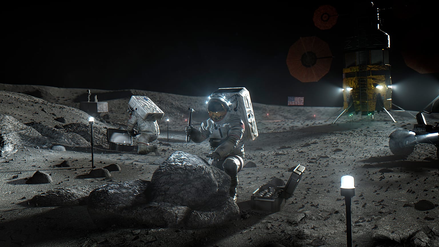 NASA tarafından Nisan 2020'de paylaşılan canlandırma Artemis astronotlarını Ay'da tasvir ediyor