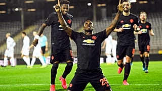 Odion Ighalo, a Manchester United játékosa gólt ünnepel a LASK Linz elleni zártkapus Európa-liga meccsen március 12-én