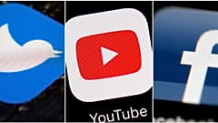 This combination of images shows logos for companies from left, Twitter, YouTube and Facebook