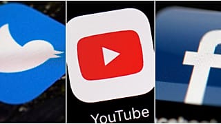 This combination of images shows logos for companies from left, Twitter, YouTube and Facebook
