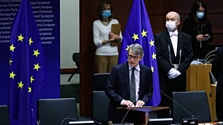 European Parliament President David Sassoli attends  a plenary session of the European Parliament in Brussels on May 13,  2020