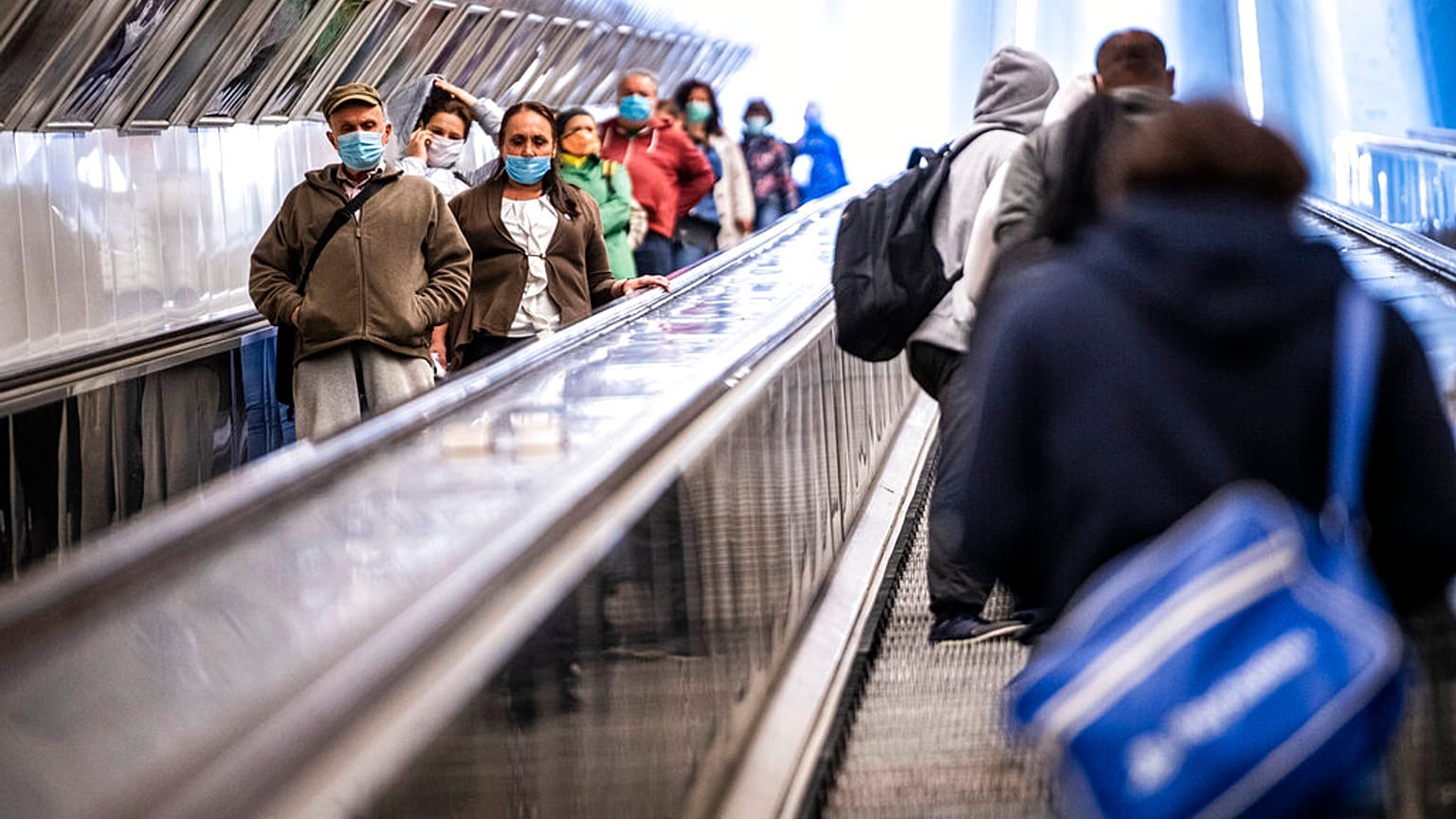 Passengers in a metro station, Budapest, April 27, 2020.