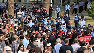 Clashes in Tirana, Albania, on May 17, over the demolition of the National Theatre