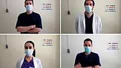 Nikolaos Katsanakis, top left, Ilias Sinanidis, top right, Anna Karagiannakou, bottom left, and Konstantinos Koufatzidis pose at the entrance of the COVID-19 Clinic at Sotiria