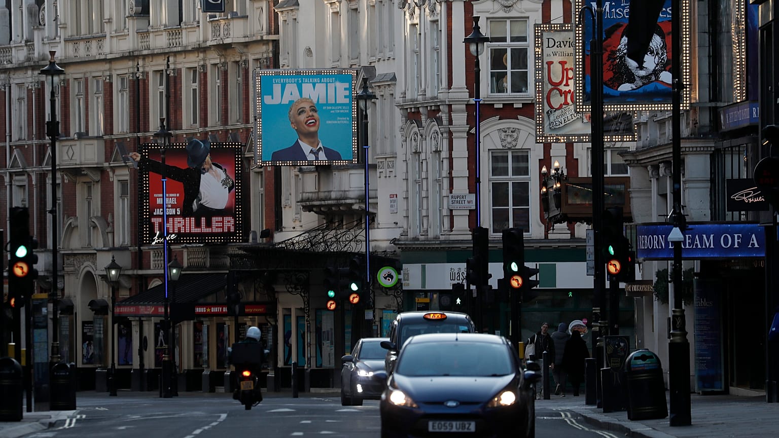 Closed Theatres on London's empty Shaftesbury Avenue in March 2020