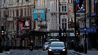 Closed Theatres on London's empty Shaftesbury Avenue in March 2020