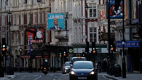 Closed Theatres on London's empty Shaftesbury Avenue in March 2020