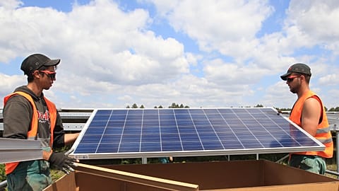 Workers install solar panels at the Constantine photovoltaic power station in Cestas, near Bordeaux, southwestern France, Friday, May 22, 2015.