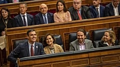 Spanish Prime Minister Pedro Sachez (L, bottom row) and Pablo Iglesias (second from the right, bottom row) in parliament.