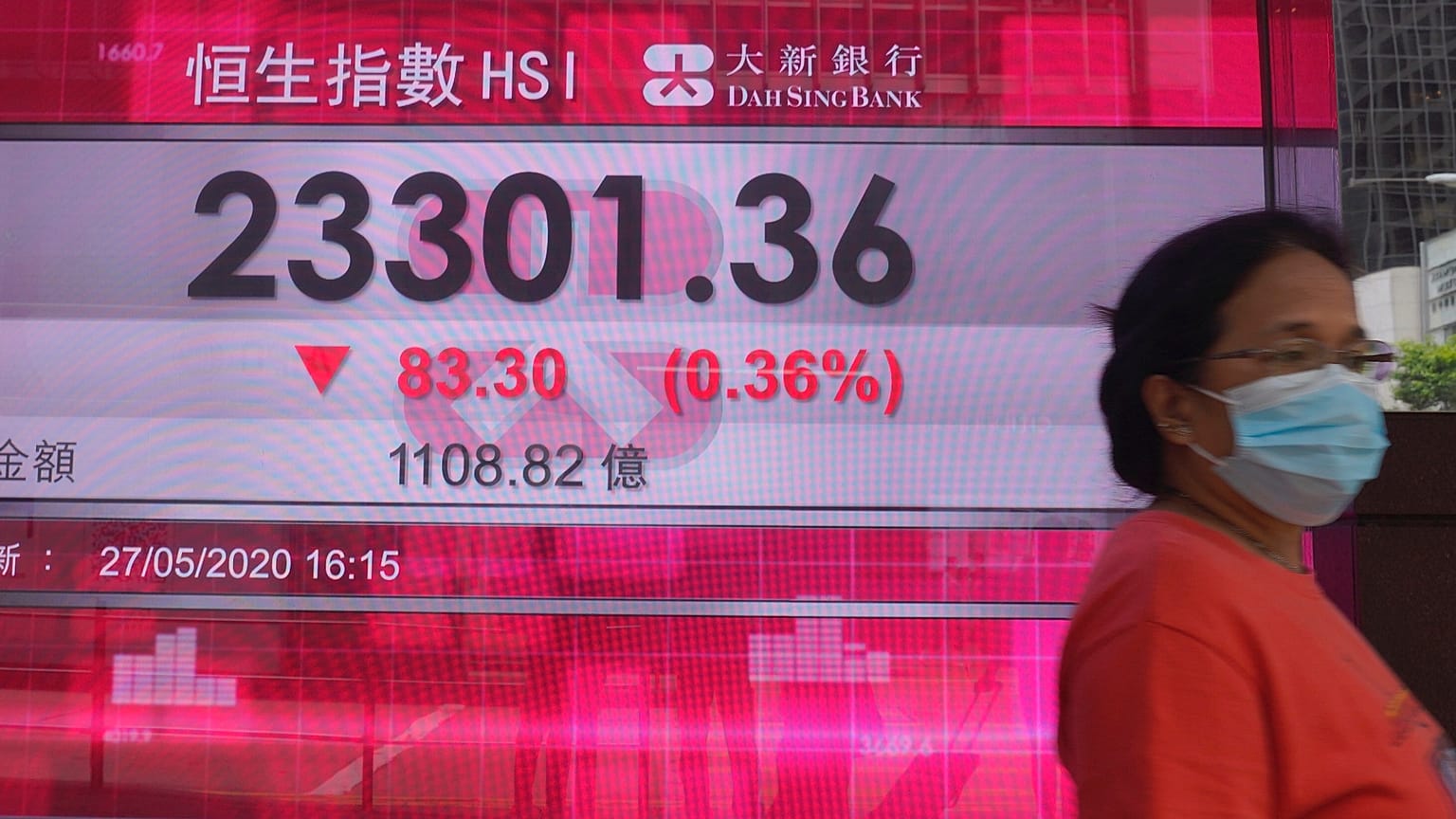 Hong Kong borsa binasının önünden geçen maskeli bir kadın