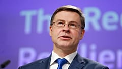 Valdis Dombrovskis during a video press conference in Brussels, Thursday, May 28