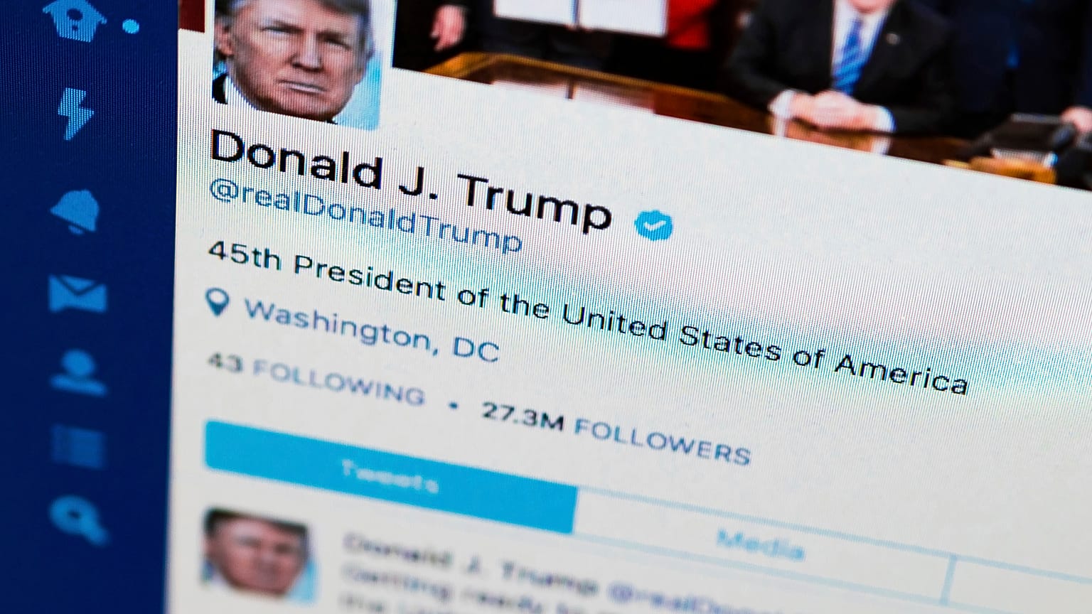 This April 3, 2017, file photo shows U.S. President Donald Trump's Twitter feed on a computer screen in Washington. President Donald Trump is claiming that Twitter has removed