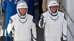 NASA astronauts Douglas Hurley, left, and Robert Behnken at the Kennedy Space Center in in Cape Canaveral, US, Saturday, May 30, 2020