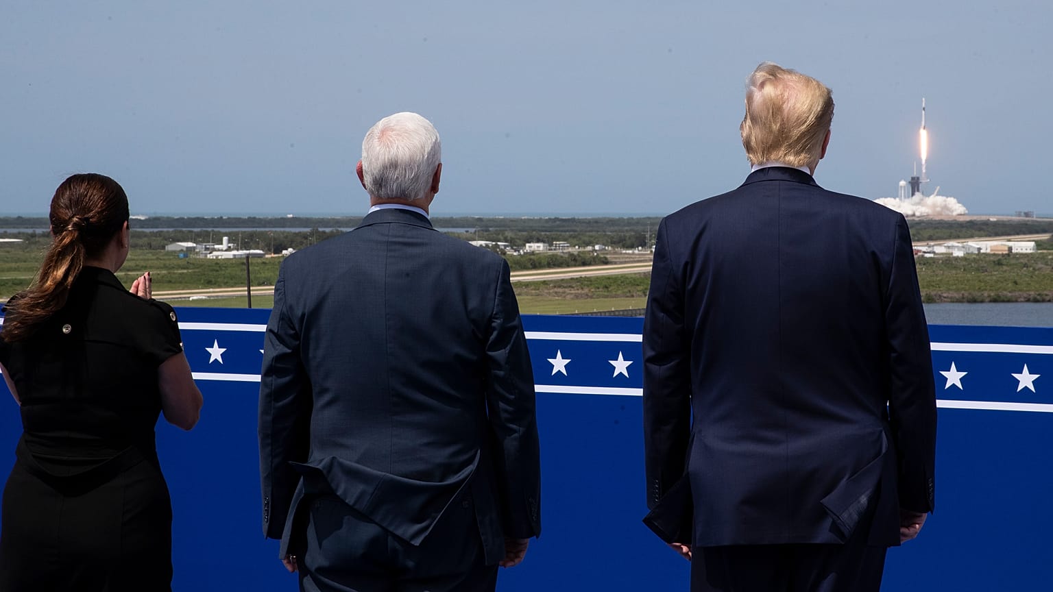 President Donald Trump, Vice President Mike Pence and Karen Pence view the SpaceX flight to the International Space Station, at Kennedy Space Center, Saturday, May 30