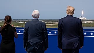 President Donald Trump, Vice President Mike Pence and Karen Pence view the SpaceX flight to the International Space Station, at Kennedy Space Center, Saturday, May 30