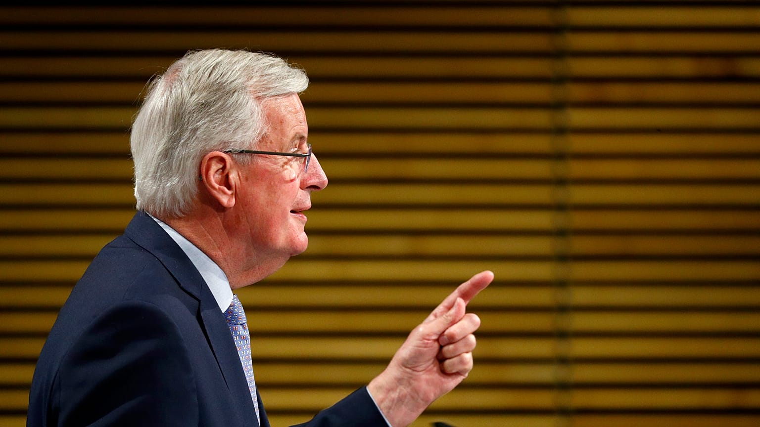 Michel Barnier speaks following the third round of Brexit talks between the EU and Britain. Brussels, Friday, May 15, 2020