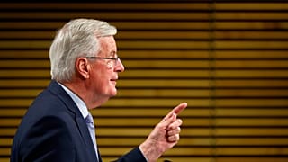 Michel Barnier speaks following the third round of Brexit talks between the EU and Britain. Brussels, Friday, May 15, 2020