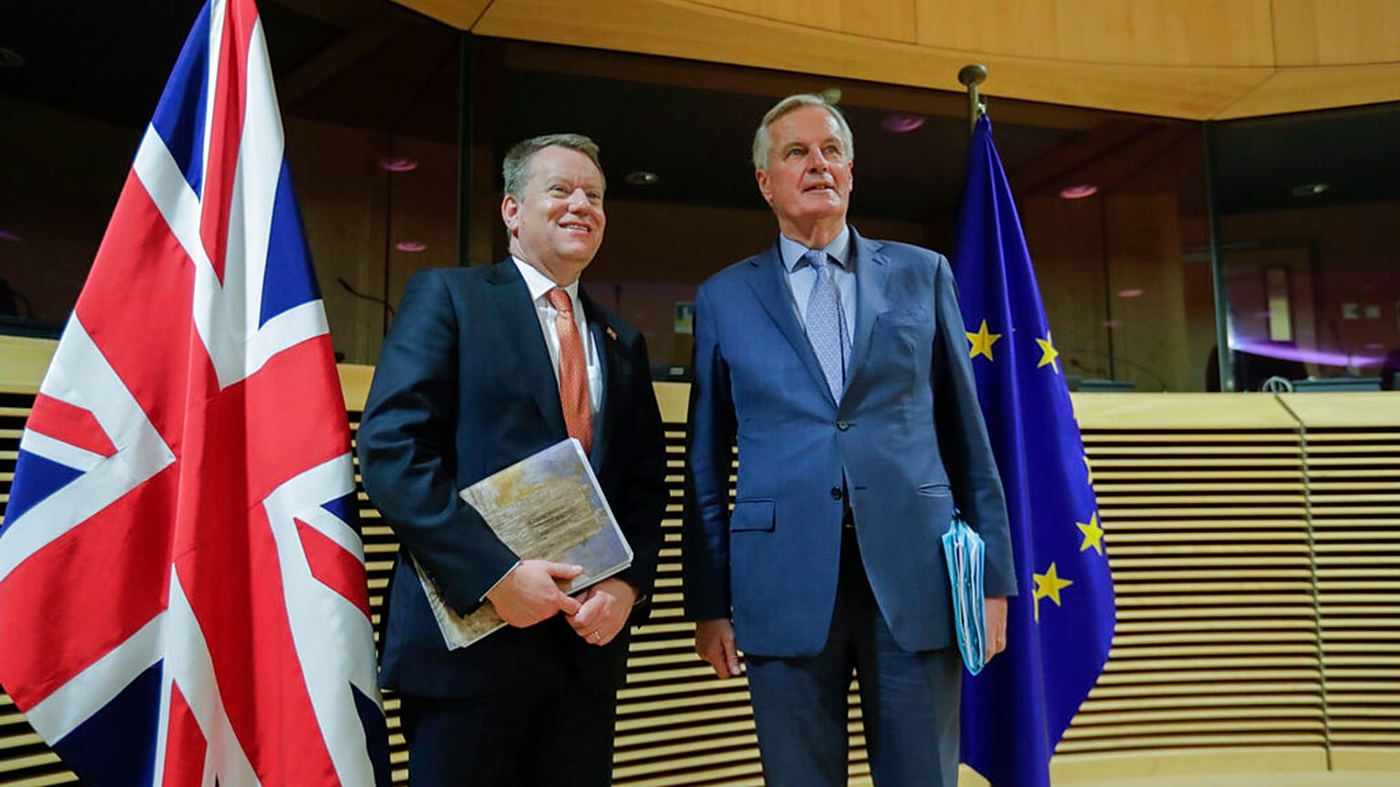 European Union chief Brexit negotiator Michel Barnier and British Prime Minister's Europe adviser David Frost during the start of the first round of post -Brexit.