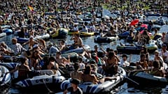 Boat party on the Landwehr Canal in Berlin.