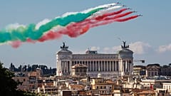 The Frecce Tricolori aerobatic squad of the Italian Air Force fly over Rome