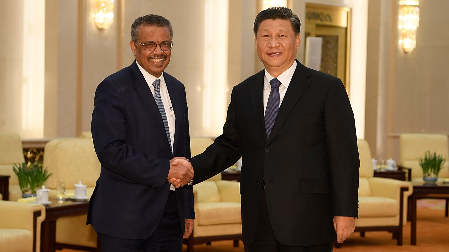 Tedros Adhanom Ghebreyesus, direttore generale dell'OMS, stringe la mano al presidente cinese Xi Jinping