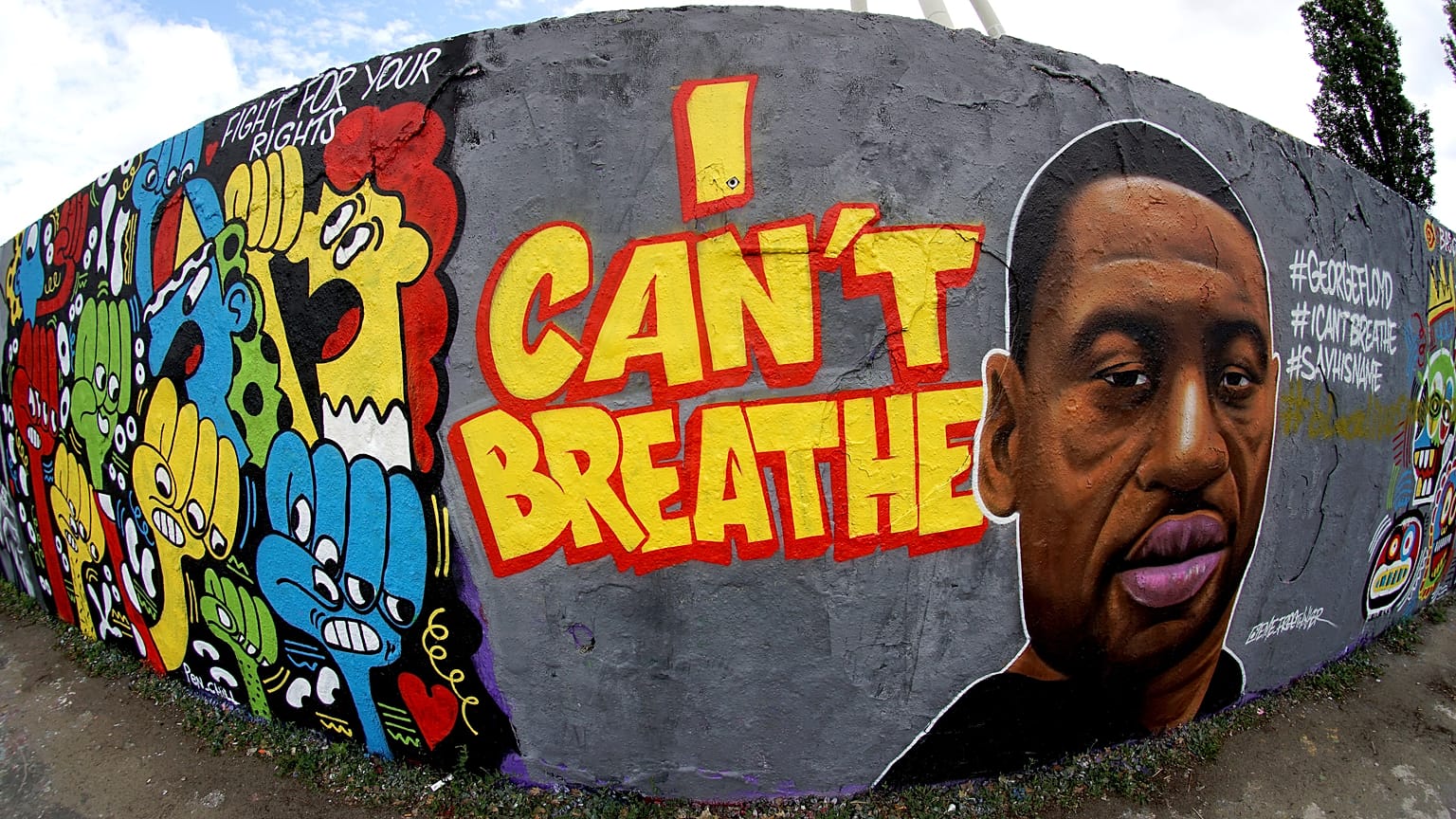 A graffiti by artist 'EME Freethinker' that expresses support of U.S. protests over the death of George Floyd in the public park 'Mauerpark' in Berlin, Germany