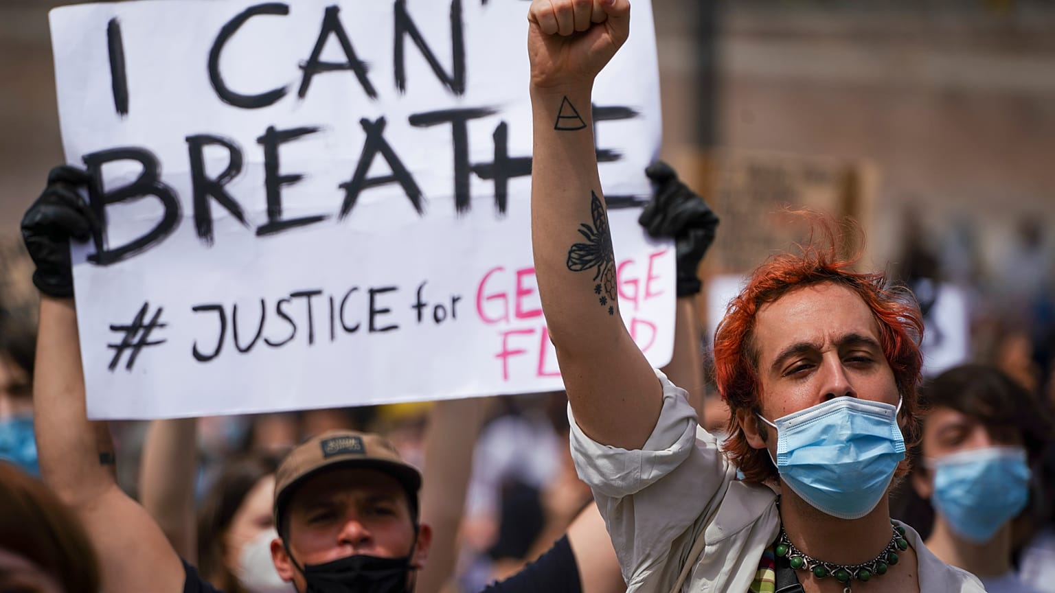 June 7, 2020. People gather in Rome calling for justice for George Floyd, who died in May after being restrained by police in the US.