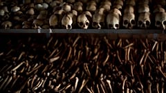 The skulls and bones of Rwandans who were slaughtered as they sought refuge are laid out as a memorial inside the church in Ntarama where they sought refuge. 4 April 2014