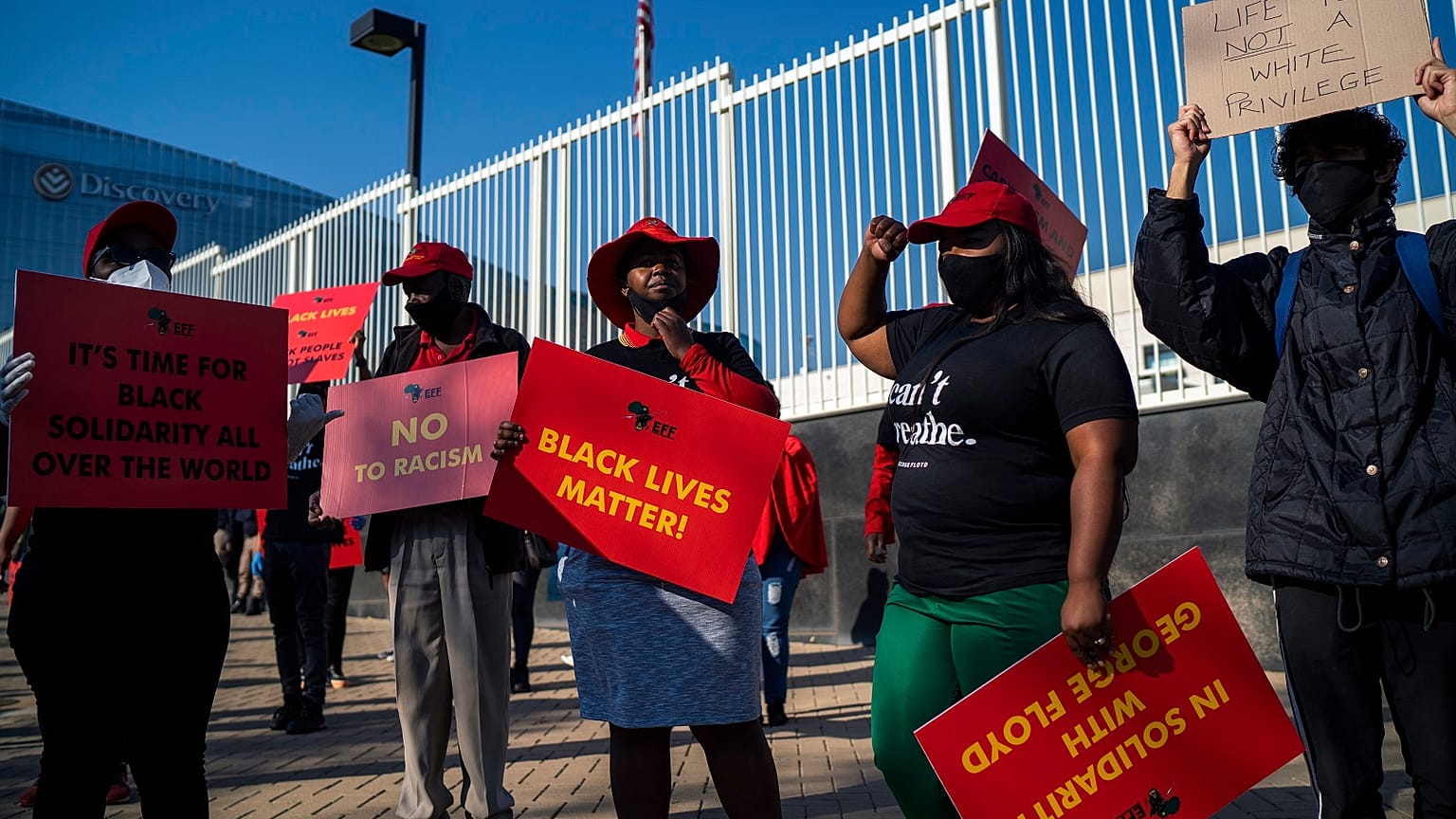 Economic Freedom Fighters protest outside the US consulate in Johannesburg in South Africa in support of Black Lives Matter