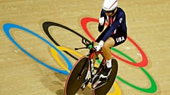 Sarah Hammer of the United States celebrates after the women's omnium cycling time trial at the Rio Olympic Velodrome during the 2016 Summer Olympics in Rio de Janeiro, Brazil