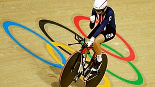 Sarah Hammer of the United States celebrates after the women's omnium cycling time trial at the Rio Olympic Velodrome during the 2016 Summer Olympics in Rio de Janeiro, Brazil