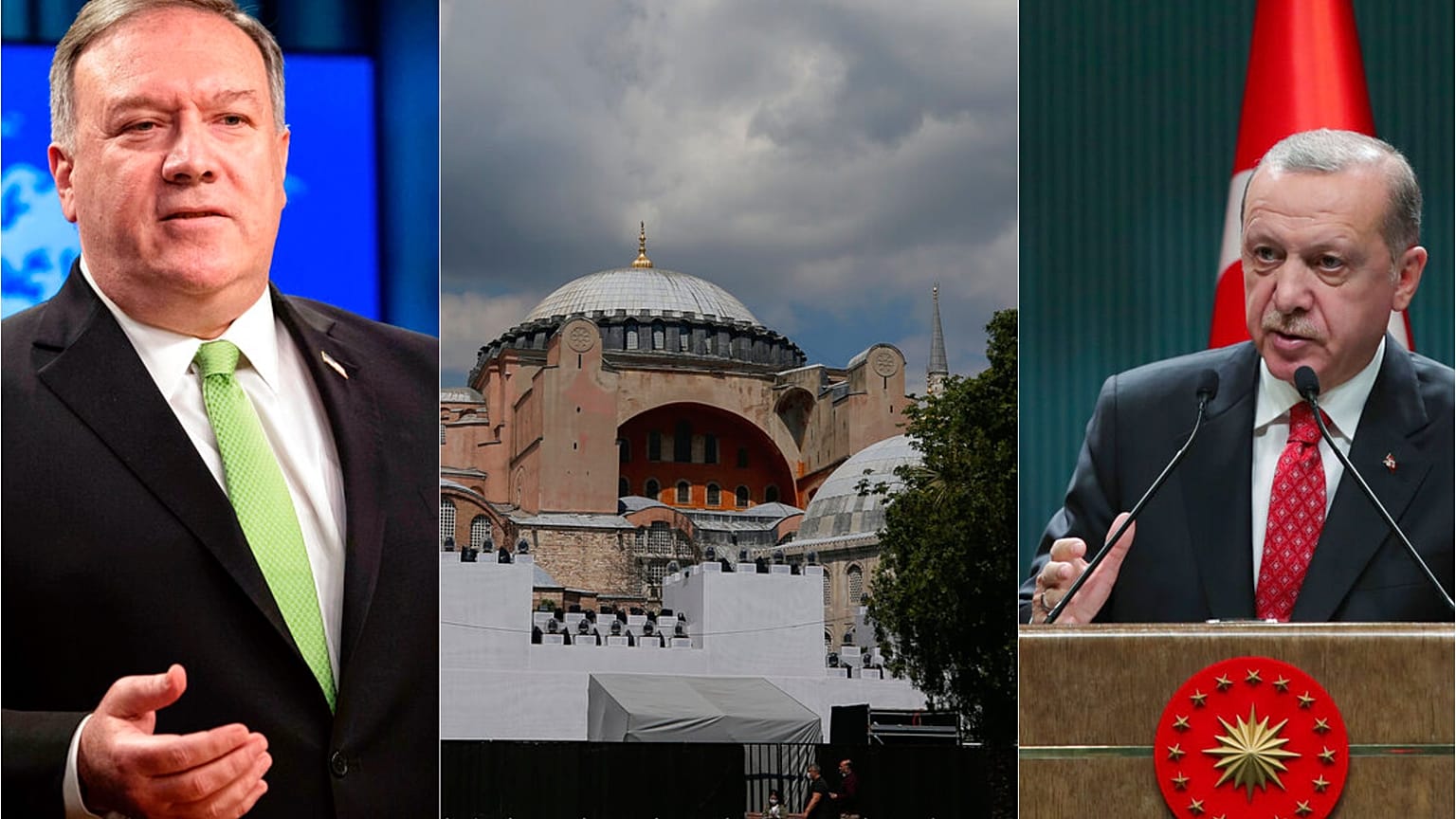 Mİke Pompeo, (solda), Ayasofya Müzesi (ortada), Recep Tayyip Erdoğan (sağda)