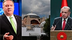 Mİke Pompeo, (solda), Ayasofya Müzesi (ortada), Recep Tayyip Erdoğan (sağda)