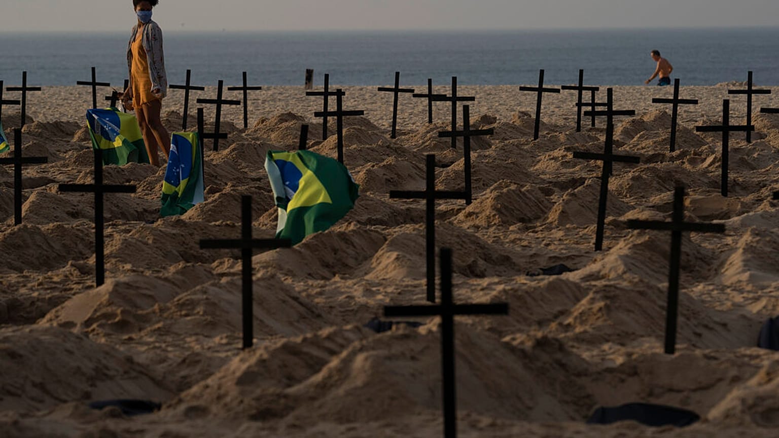 Protesto na Praia de Copacabana contra o que ativistas dizem ser o mau desempenho dos governos a lidar com a Covid-19