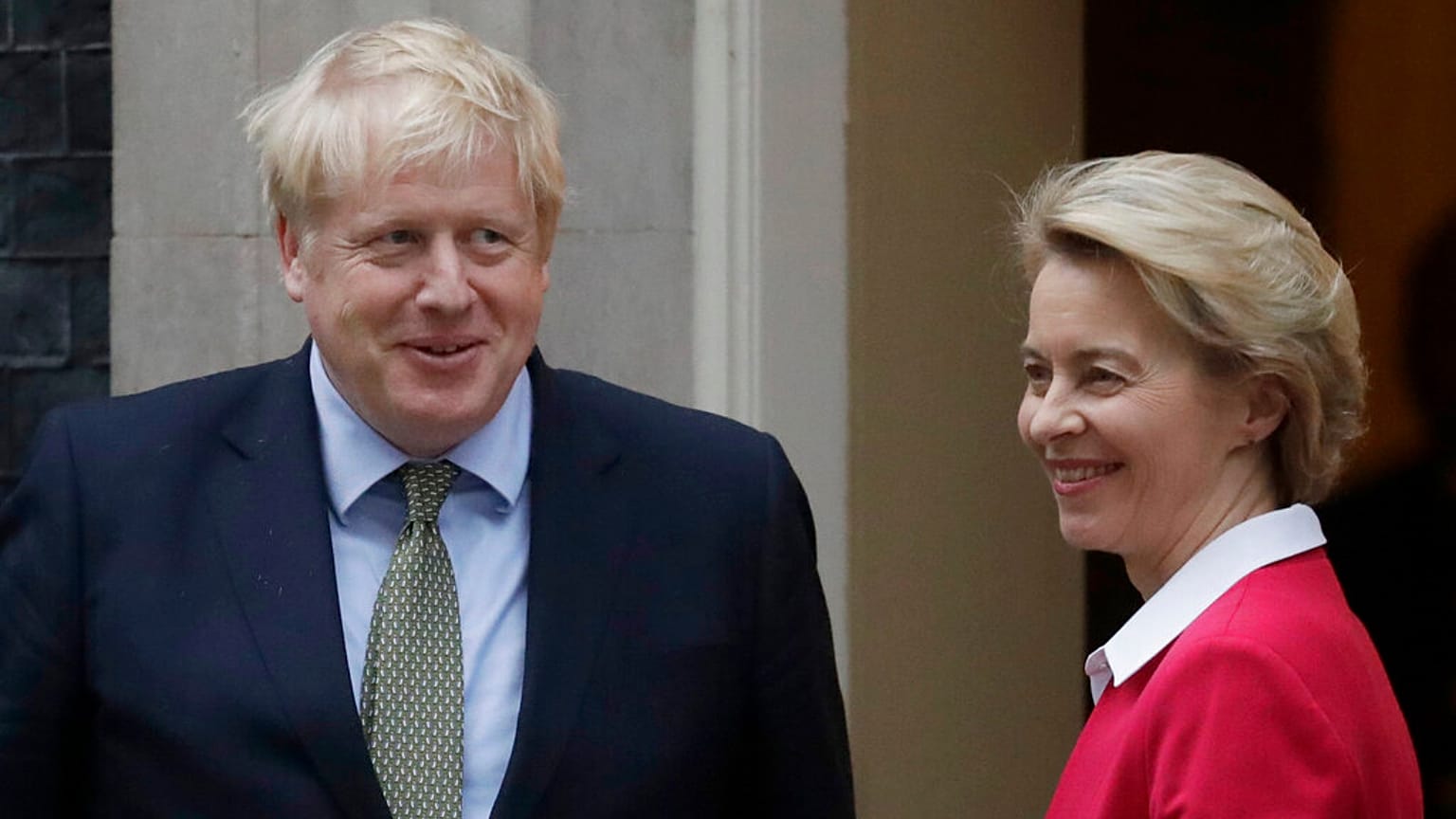Britain's Prime Minister Boris Johnson greets European Commission President Ursula von der Leyen outside 10 Downing Street in London, Wednesday, Jan. 8, 2020. 